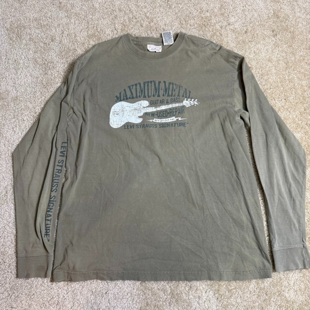 Levi Strauss Signature Mens XL Long Sleeve Maximum Metal Guitar Graphic Olive